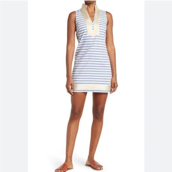 Eliza J Striped Mandarin Collar Sleeveless Shift Dress in Blue White coastal s 2 - Picture 1 of 9